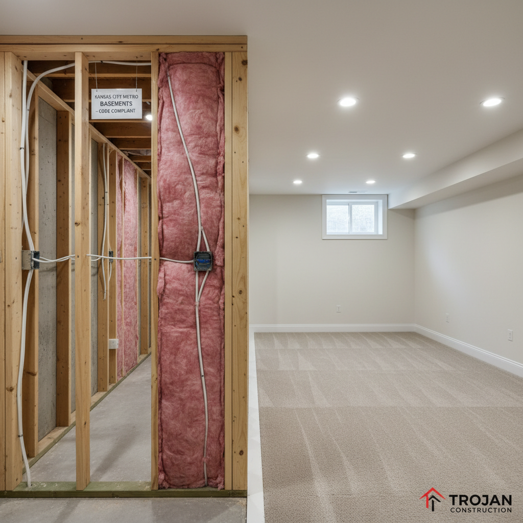A cross-section style photographic scene of a basement finishing project in progress, representing Trojan Construction’s comprehensive services. One side of the frame shows exposed stud walls with neatly run electrical wiring, labeled junction boxes, and properly installed insulation between the studs. The other side reveals the finished space with smooth painted drywall, recessed ceiling lights, a plush neutral carpet, and clean white baseboards. Even, diffused light from ceiling fixtures and a small egress window creates consistent illumination across both sections. Shot at eye level with sharp focus and balanced composition, the image clearly contrasts the rough-in and completed phases. The mood is informative and professional, emphasizing process clarity, code-compliant work, and the transformation potential for Kansas City Metro basements.