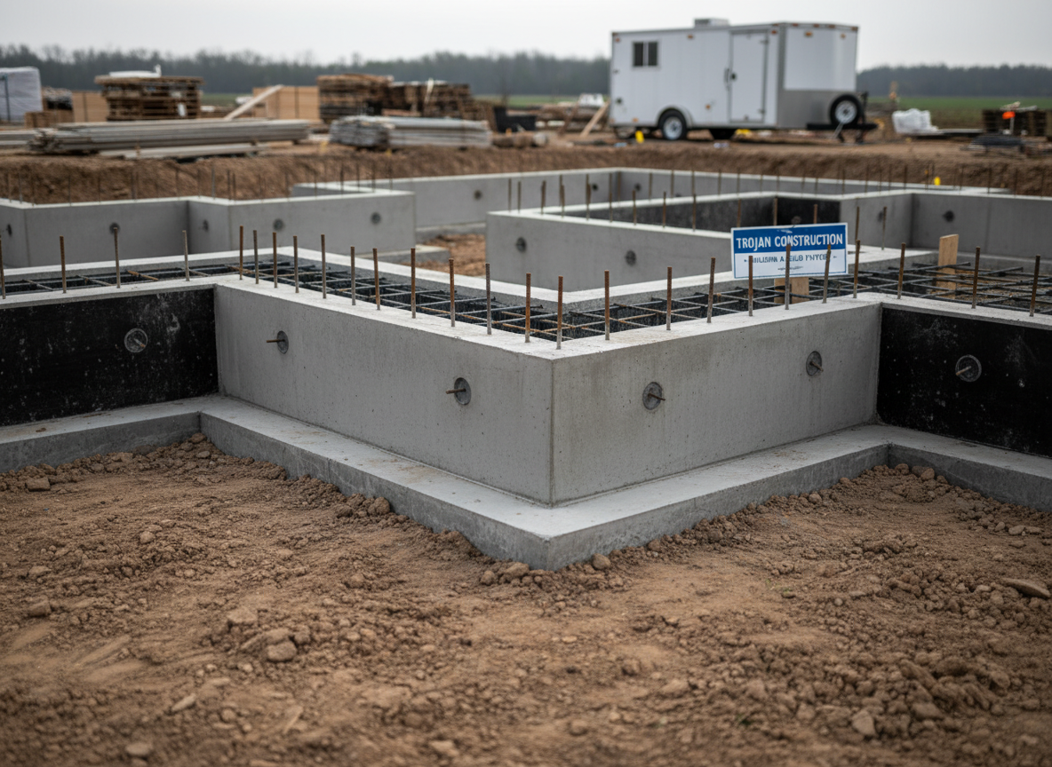 A detailed close-up of an active residential construction site foundation highlights Trojan Construction’s structural quality. Smooth, newly poured concrete footings and foundation walls, perfectly aligned with crisp edges, are surrounded by neatly graded compacted soil. Steel rebar protrudes in organized rows, ready for the next phase. Early morning overcast light creates soft, diffused illumination, eliminating harsh shadows and emphasizing surface texture, form ties, and moisture barriers. The background shows blurred outlines of lumber stacks and a portable jobsite trailer, keeping the focus on the craftsmanship of the foundation work. Captured from a low, slightly angled perspective with sharp foreground detail and gentle background bokeh, the image conveys stability, precision, and professionalism in a realistic, documentary-style photograph ideal for a construction services page.