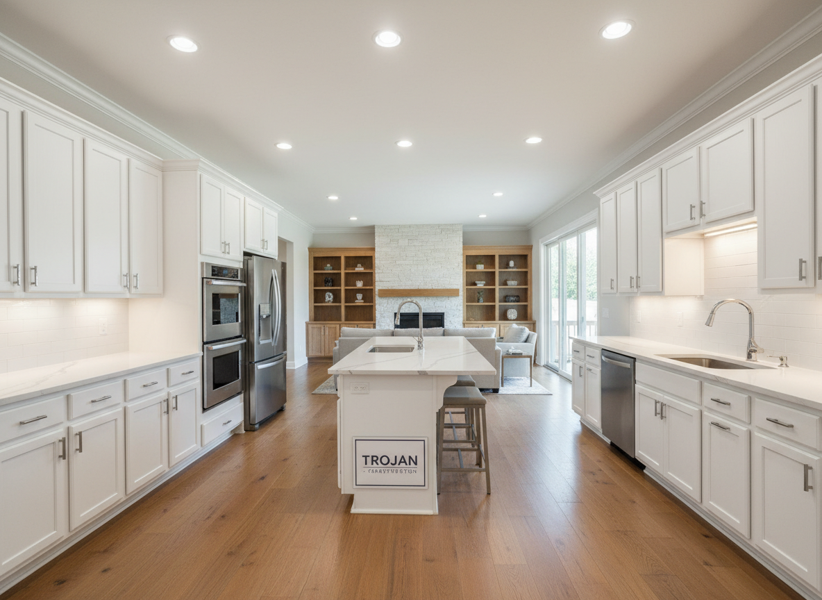 A bright, meticulously remodeled open-concept kitchen and living area displays Trojan Construction’s interior craftsmanship. White shaker cabinets with soft-close doors, a large quartz-topped island with subtle gray veining, and stainless-steel appliances contrast with warm, wide-plank oak flooring. Recessed ceiling lights and under-cabinet LED strips blend with soft daylight from a large sliding glass door, creating even, inviting illumination. In the background, a stone-clad gas fireplace anchors the living space, with built-in shelving framing it symmetrically. Shot from a slightly elevated corner angle, the composition reveals the full flow of the space, showcasing clean lines, smooth surfaces, and precise installation details. The photographic realism, neutral color palette, and professional mood communicate quality remodeling for discerning Kansas City Metro homeowners.