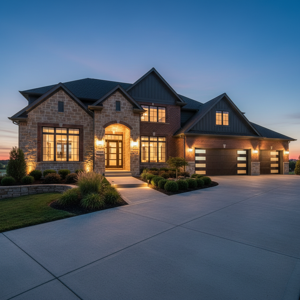 A dramatic twilight exterior of a completed Kansas City Metro custom home highlights Trojan Construction’s finished work. The two-story house combines stone, brick, and dark fiber cement siding, with warm interior lights glowing through large front windows and a glass-paneled front door. Integrated LED landscape lighting softly illuminates the walkway, low retaining wall, and manicured shrubs, while the rich blue-violet evening sky forms a striking backdrop. The smooth concrete driveway gently curves toward a three-car garage with modern paneled doors. Captured from a slightly low, wide-angle curbside perspective, the composition emphasizes the home’s width and curb appeal. The photographic realism, crisp reflections, and controlled contrast create a polished, aspirational, yet approachable mood, perfect for showcasing high-end residential construction capabilities.