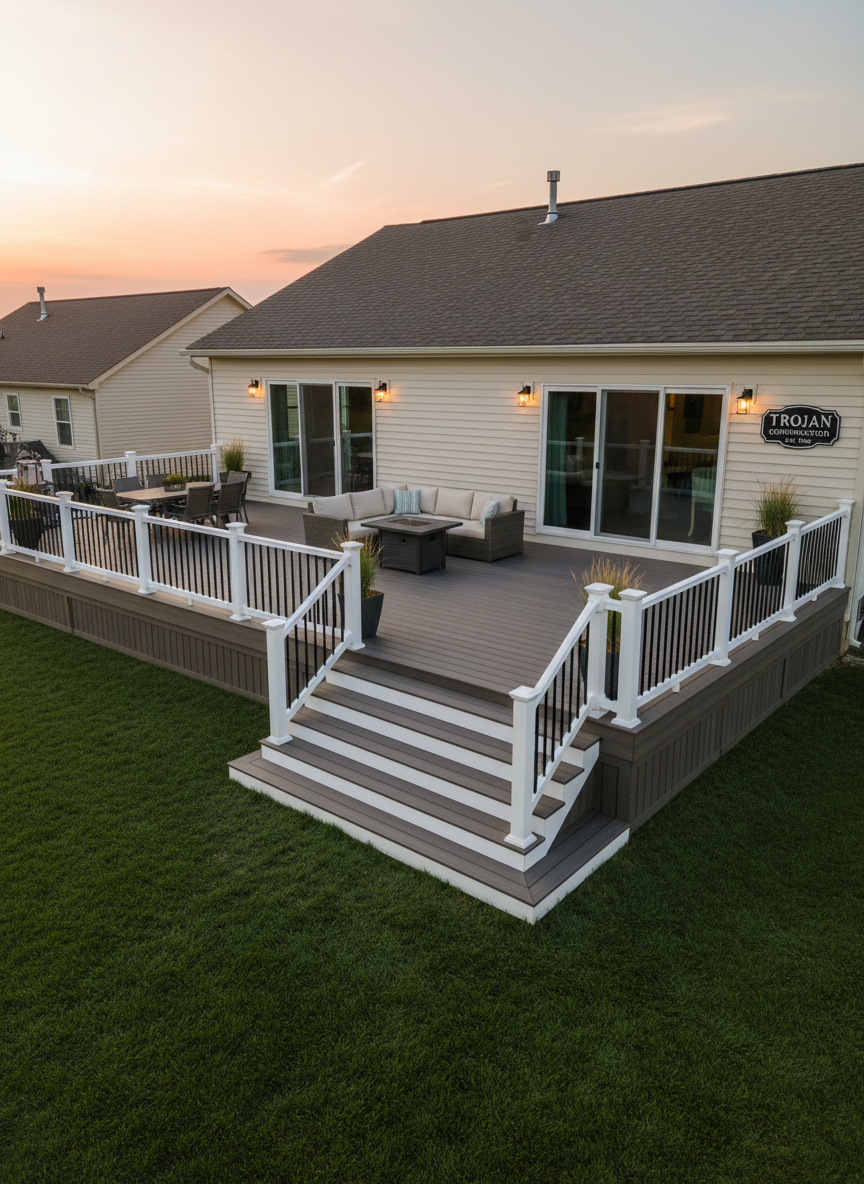 An expansive, newly constructed back deck and outdoor living area showcases Trojan Construction’s exterior remodeling strength. A multi-level composite deck in a warm gray tone extends from a light-colored suburban home, with clean, uniform boards and hidden fasteners. Sturdy white railing with black metal balusters frames the perimeter, while wide steps lead down to a freshly sodded lawn. Built-in post cap lights provide subtle illumination as the sun sets, blending with the soft golden hour glow that bathes the space. The sky is warm and slightly hazy, creating a relaxed, inviting atmosphere. Captured from a slightly elevated angle overlooking the full deck, the photograph maintains sharp detail, emphasizing straight lines, flawless edges, and a professional, polished finish ideal for an outdoor projects portfolio.
