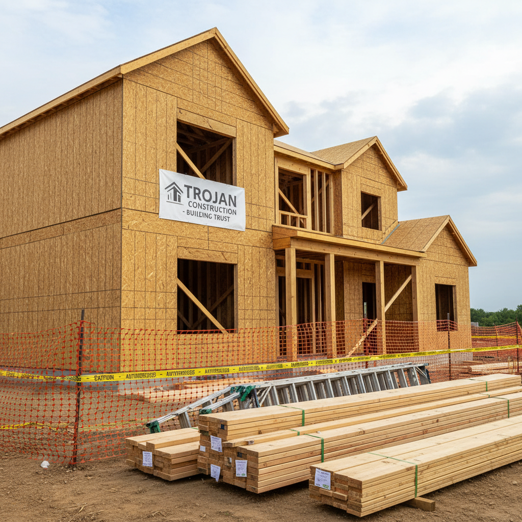 A well-organized Kansas City Metro residential jobsite shows Trojan Construction’s professionalism and safety standards. A partially framed two-story house with clean, straight lumber studs, properly braced walls, and sheathing neatly installed on one side stands against a mild, slightly cloudy sky. The foreground features a tidy stack of labeled lumber, an orderly row of secured ladders, and a clearly marked temporary construction barrier. Soft midday natural light provides even illumination, revealing the warm tones of the wood and the texture of the OSB sheathing. Shot from a slightly low angle to emphasize the scale and structure, the composition maintains sharp focus throughout, creating a confident, trustworthy, and methodical atmosphere in a realistic photographic style, ideal for illustrating a company’s commitment to organized, safe building practices.