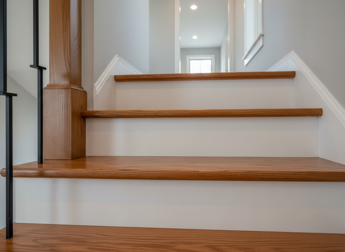 A close-up, professional photographic view of detailed carpentry work on a staircase renovation for a Kansas City Metro home. Smooth, freshly stained oak treads with visible fine grain and perfectly eased edges meet crisp white risers with flawless paintwork and tight joints. A sturdy, square newel post and simple, modern handrail connect seamlessly, with black metal balusters evenly spaced in precise alignment. Soft, diffused indoor lighting from recessed ceiling fixtures and nearby windows creates gentle highlights on the wood and subtle shadows along the trim. The background fades slightly out of focus, revealing only hints of a freshly painted hallway. Shot from a low side angle along the length of the steps, the image emphasizes craftsmanship, accuracy, and a professional, refined atmosphere in realistic photographic style.