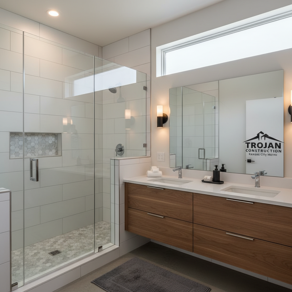 A high-end bathroom renovation exemplifies Trojan Construction’s remodeling expertise, featuring a frameless glass walk-in shower with large-format matte white porcelain tiles and a linear drain set into a subtle mosaic floor. Adjacent, a floating vanity with a warm walnut finish supports a seamless white solid-surface countertop and rectangular undermount sink. A wall-mounted mirror extends the full width of the vanity, flanked by modern black metal sconces emitting soft warm light. Natural daylight from a frosted window adds gentle, diffused brightness, balancing the artificial illumination. The space is captured from an eye-level corner angle in sharp, realistic photographic detail, highlighting even grout lines, precise tile cuts, and clean caulking. The mood is calm, elevated, and meticulously finished, reinforcing trust in Trojan Construction’s attention to detail for Kansas City Metro homeowners.
